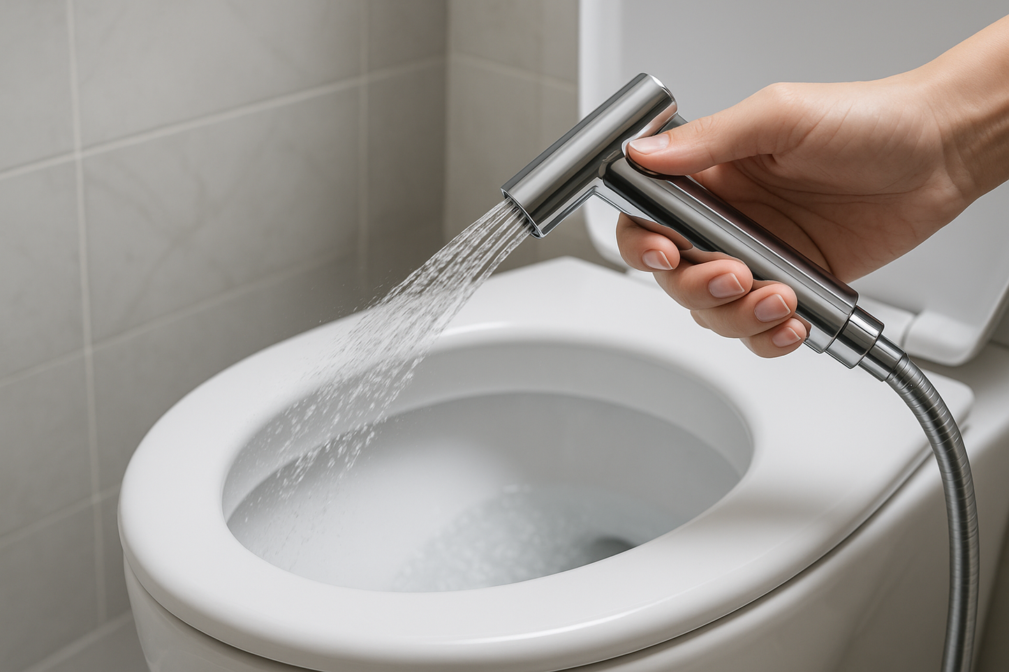 handheld bidet spraying into toilet